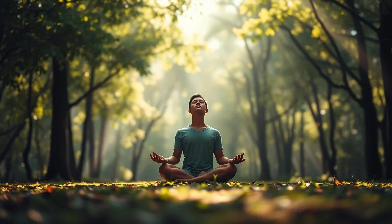 Jeune homme assis en méditation dans une forêt ensoleillée, yeux fermés et posture de lotus, symbole de calme intérieur et de pleine conscience.