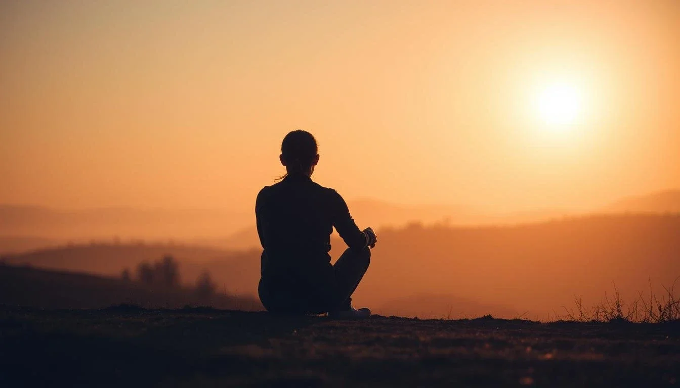 Personne assise en méditation face au lever de soleil, silhouette contemplative dans un paysage apaisant, symbolisant sérénité et renouveau intérieur.