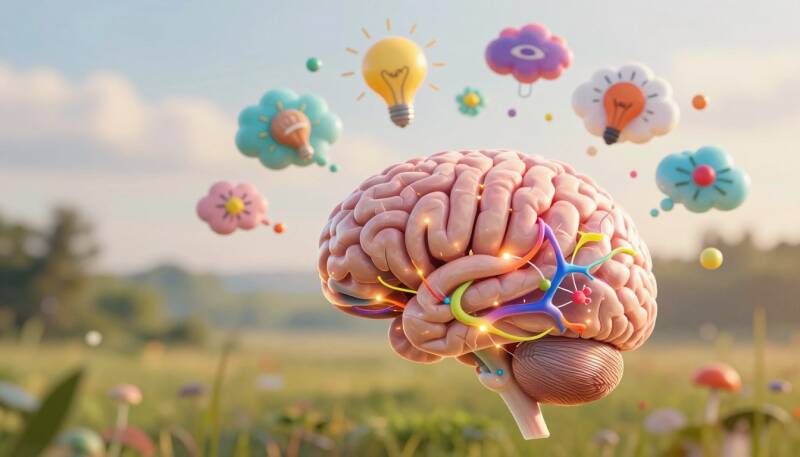 Illustration d’un cerveau entouré d’ampoules colorées et de connexions lumineuses, symbolisant la neuroplasticité, la pensée positive et la transformation mentale.