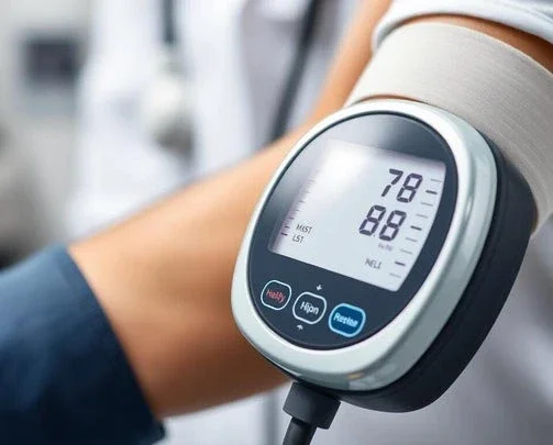 Close-up of a blood pressure monitor on a patient’s arm, showing systolic 78 and diastolic 88, symbolizing health and medical checkup.