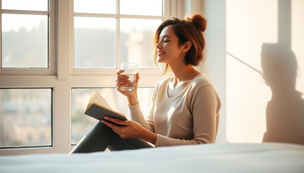 Person enjoying a peaceful morning routine by the window with sunlight