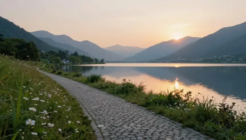 Paysage paisible au bord d’un lac au coucher du soleil avec un sentier, symbolisant la paix intérieure et le calme mental