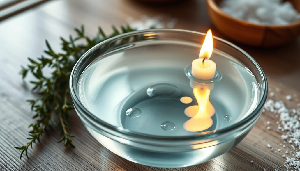 Bol en verre rempli d’eau avec une bougie flottante allumée, entouré de branches et de sel pour un rituel de purification et de méditation.