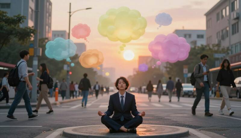 Personne méditant calmement au centre d’une rue urbaine animée, entourée de bulles colorées représentant les pensées et la conscience intérieure.
