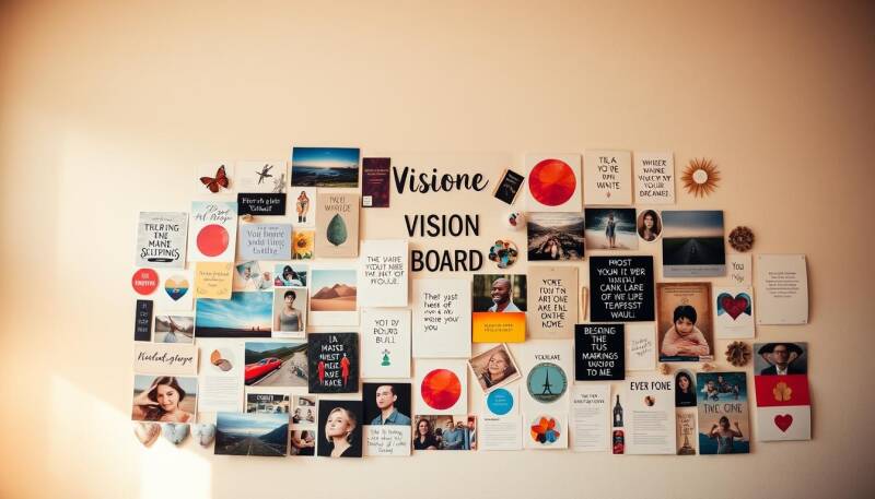 Vision board with motivational quotes, personal goals, and inspirational images used for manifestation and visualization
