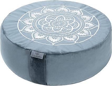 Coussin de méditation zafu ergonomique rond gris, 40 cm de diamètre et 12 cm de hauteur, motif mandala et poignée de transport.