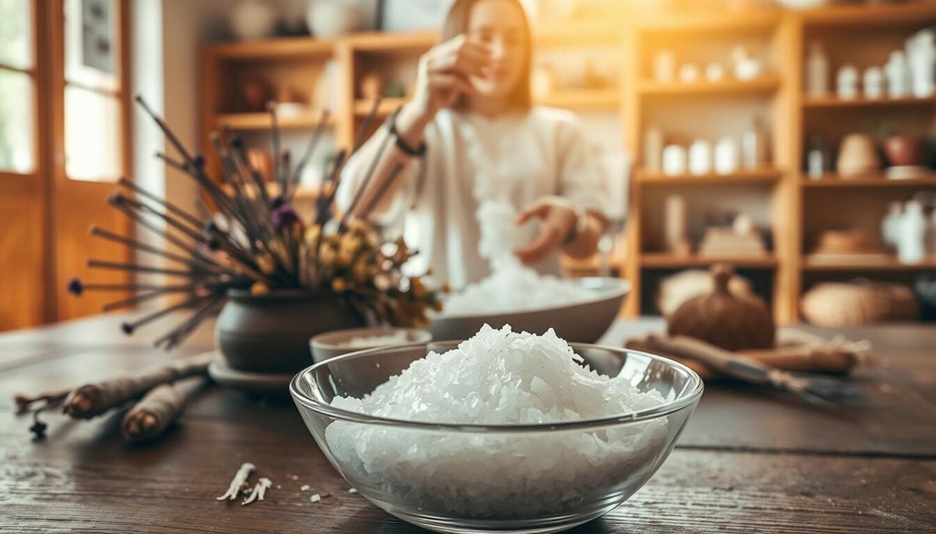 Bol de sel de mer pour rituel spirituel, posé sur une table en bois avec encens et ambiance zen