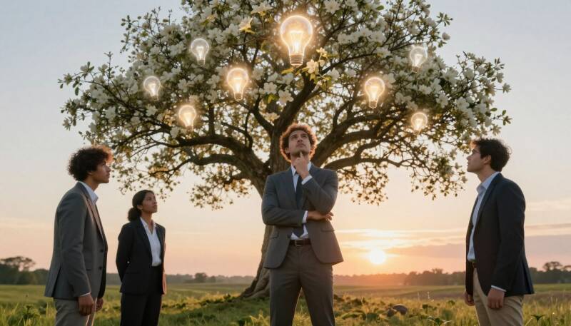 Arbre lumineux rempli d’ampoules symbolisant les idées, les pensées créatrices et le potentiel intérieur, avec plusieurs personnes réfléchissant sous un coucher de soleil inspirant.