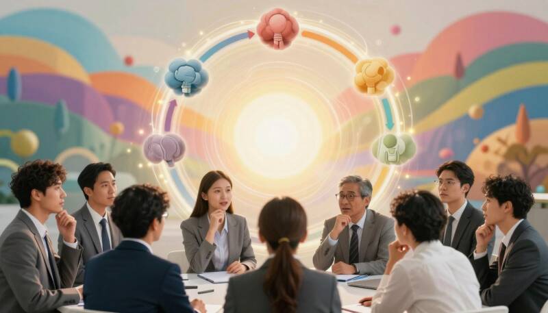 Groupe de personnes en réunion devant un cercle lumineux symbolisant le cycle pensée-action-résultat et la transformation personnelle collective.