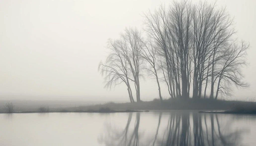 Arbres nus au bord d’un lac calme dans la brume, reflétés dans l’eau, évoquant silence, solitude et méditation intérieure.