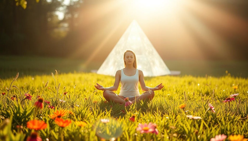 Une femme médite paisiblement au cœur d’un champ de fleurs, baignée par la lumière dorée du soleil levant. En arrière-plan, une pyramide de lumière symbolise l’élévation spirituelle. Une scène inspirante signée ZenSoulSpirits, propice à la visualisation,