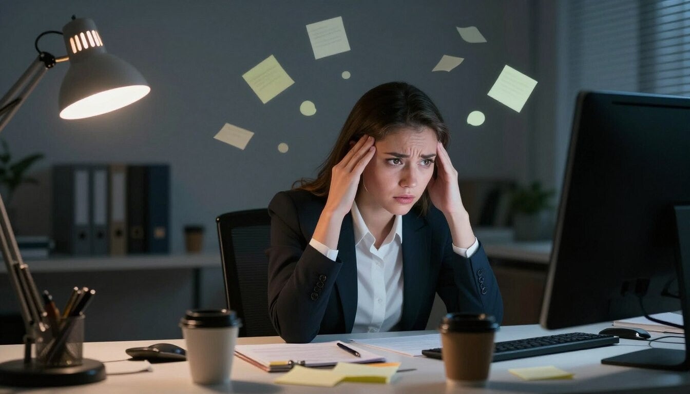 Woman overwhelmed by multiple responsibilities and constant mental demands