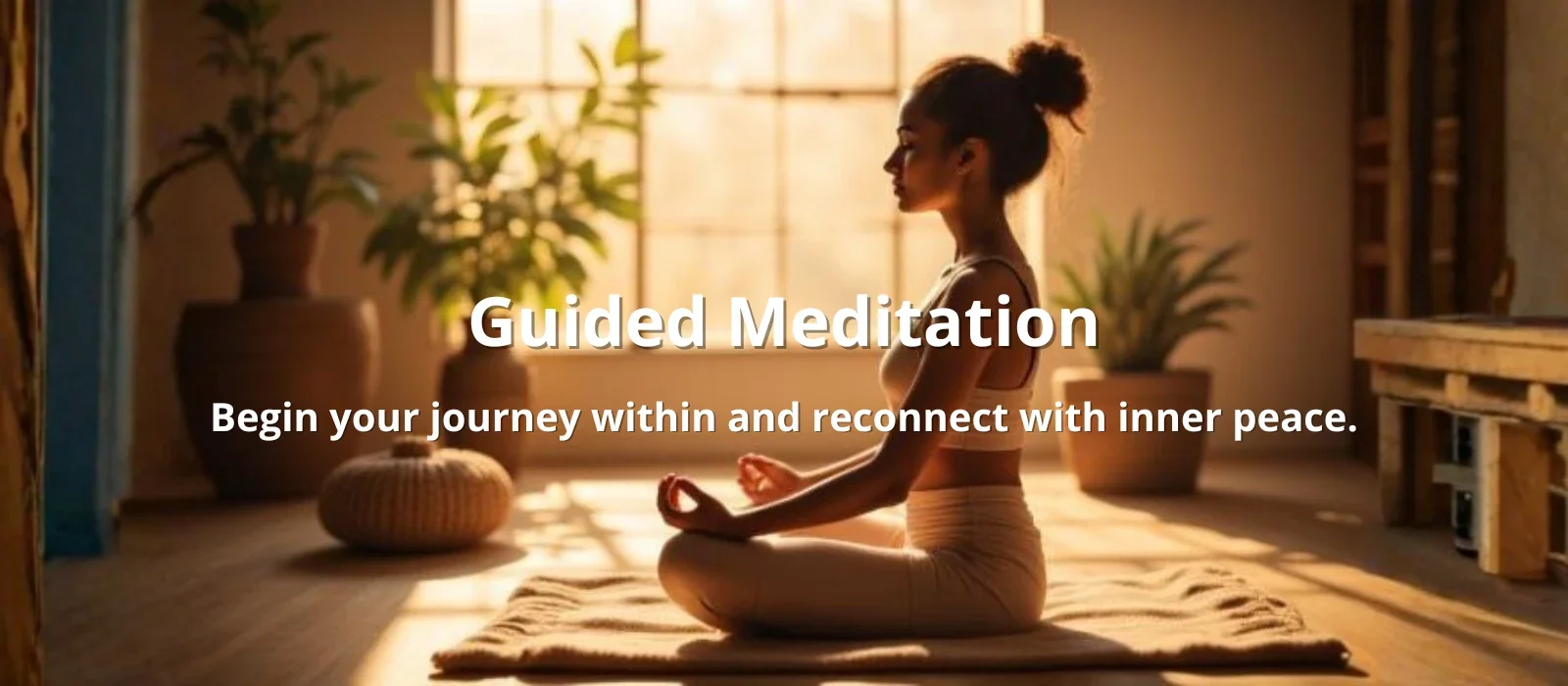 Person meditating in a peaceful indoor space with warm natural light, representing guided meditation and inner peace