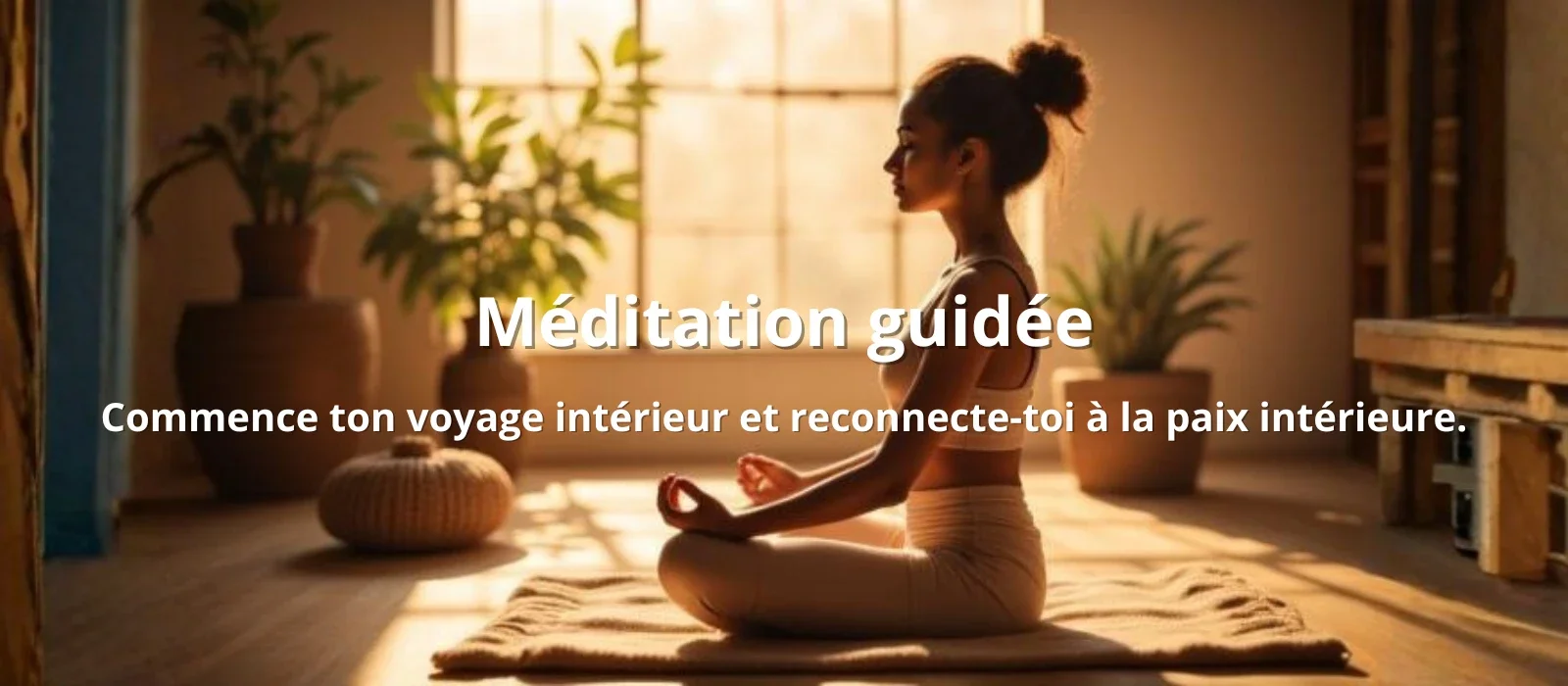 Personne méditant dans un espace intérieur paisible avec une lumière naturelle chaude, représentant la méditation guidée et la paix intérieure