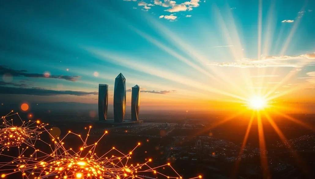 Trois gratte-ciel futuristes se dressent face à un coucher de soleil éclatant, avec des rayons lumineux traversant le ciel et des réseaux lumineux dorés en avant-plan, évoquant une connexion entre technologie et nature.