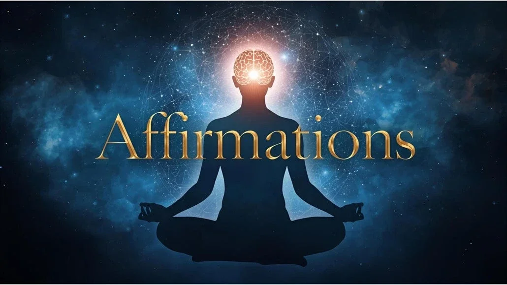 Meditating silhouette with glowing brain and cosmic background, symbolizing positive affirmations, mind reprogramming, and inner transformation.
