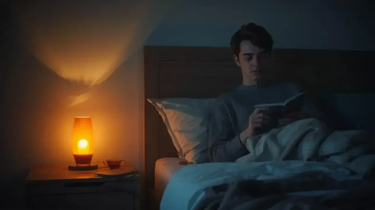 person reading in bed during a calm bedtime wind-down routine before sleep