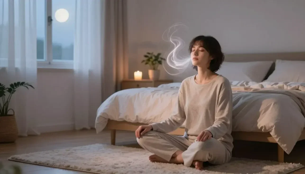 person practicing breathing exercises to calm the mind before sleep in a peaceful bedroom