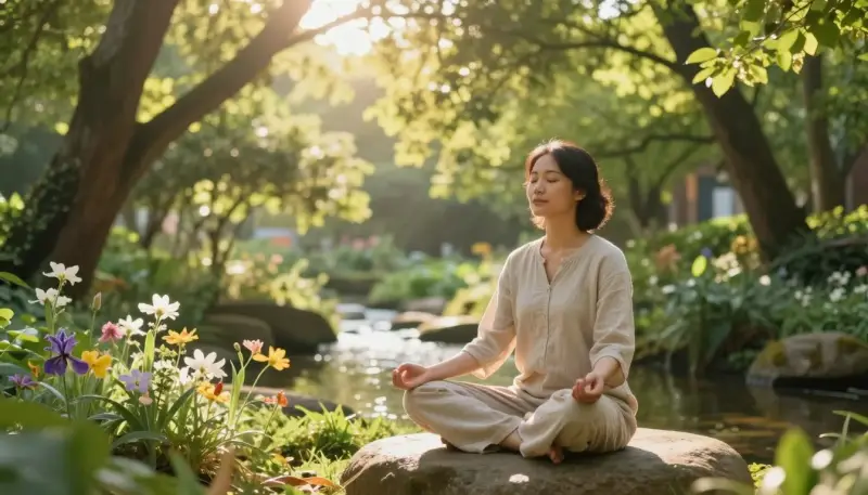 Femme méditant paisiblement dans un jardin au bord de l’eau, illustrant la paix intérieure et son impact apaisant sur l’environnement