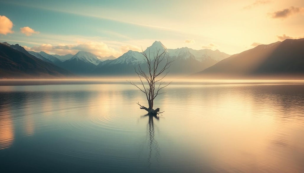 Solitary tree emerging from a calm lake at sunrise with misty mountains in the background, symbolizing inner peace and stillness