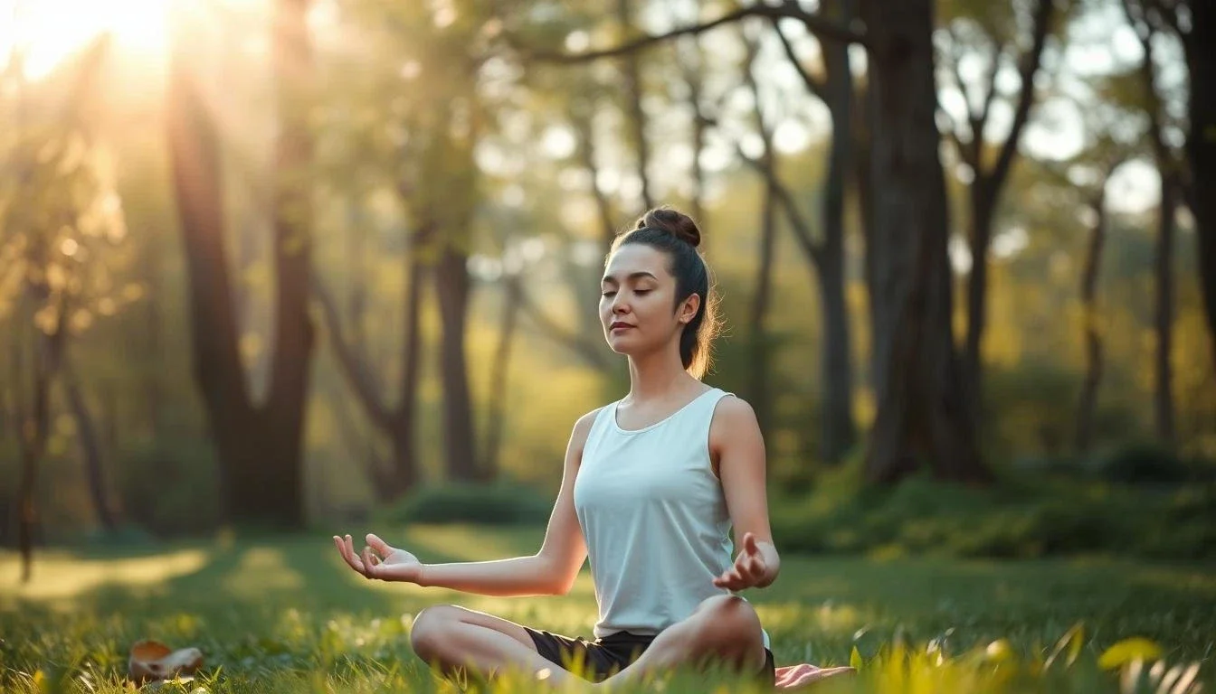 Woman meditating outdoors in a cross-legged pose, surrounded by trees and sunlight, practicing mindfulness in nature