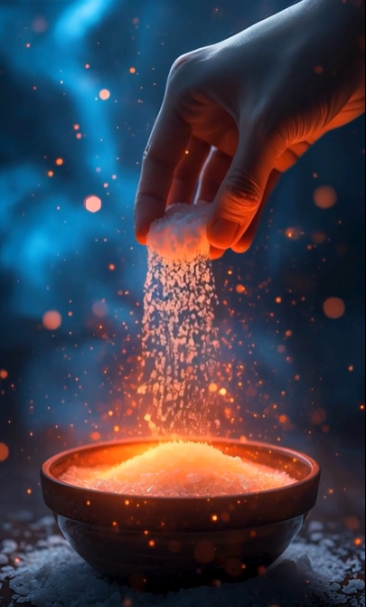 Main saupoudrant du sel lumineux dans un bol en bois, rituel spirituel de purification et de protection énergétique.
