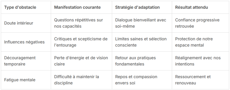 Tableau expliquant différents obstacles à la pensée positive, leurs manifestations courantes, les stratégies d’adaptation et les résultats attendus.