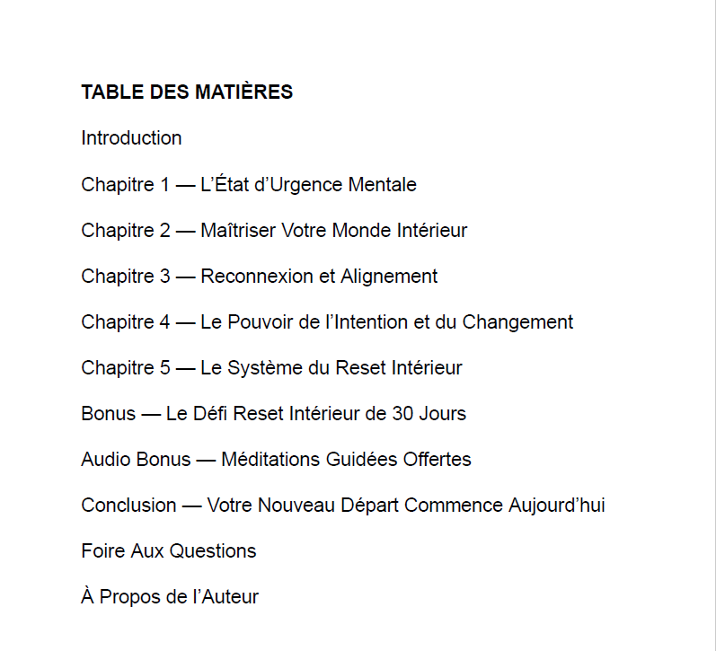 Table des matières La Méthode du Reset Intérieur