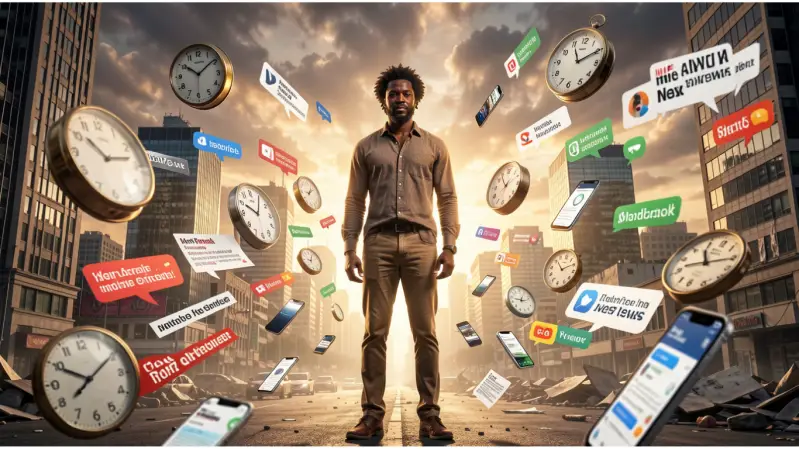 personne entourée de notifications et d horloges symbolisant le chaos et la surcharge de la vie moderne