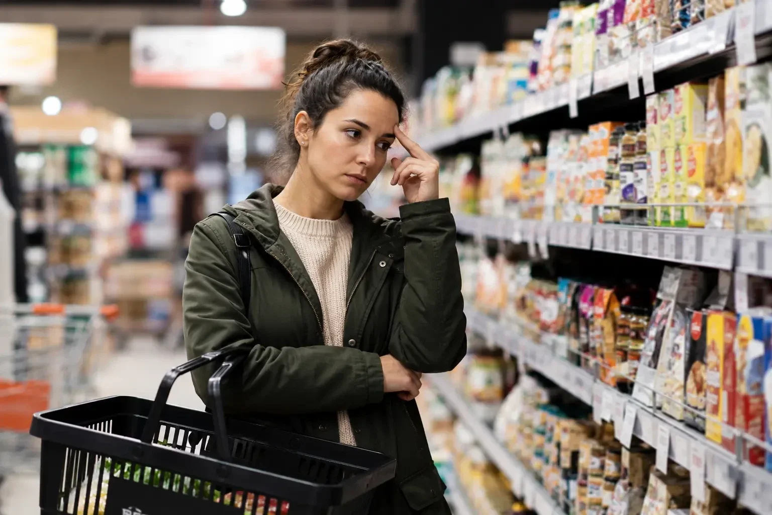 Woman struggling with anxiety and mental overload while making everyday decisions