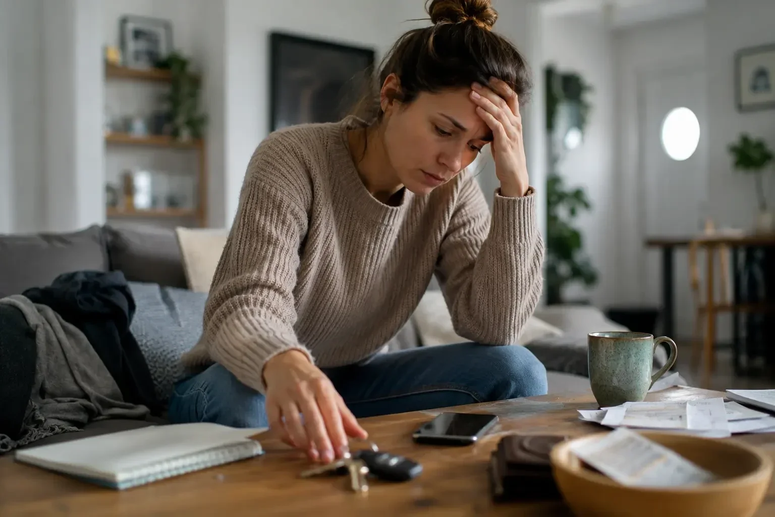Woman forgetting where she placed her keys, illustrating memory problems caused by mental overload