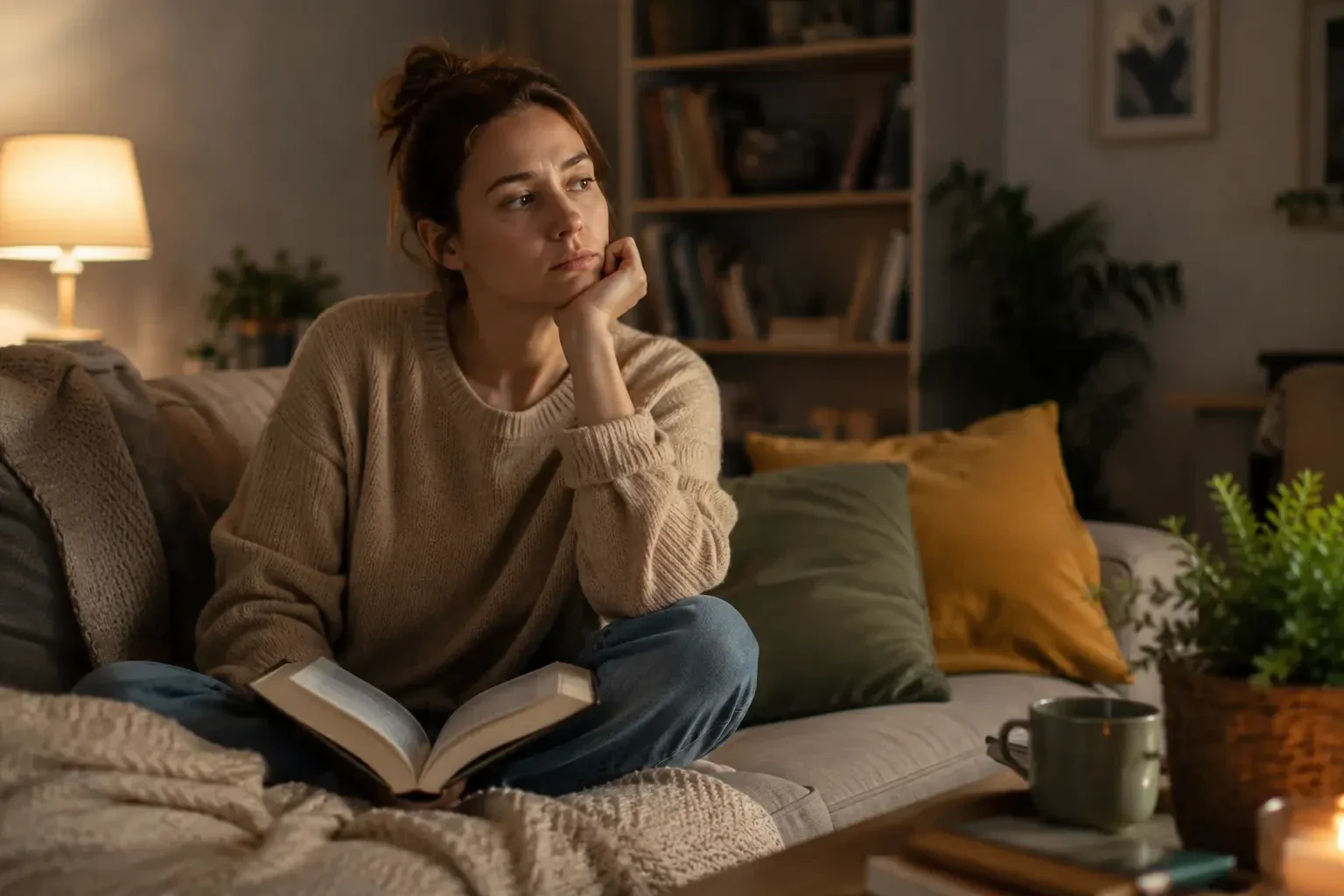 Woman unable to focus on reading because of mental fatigue and cognitive overload