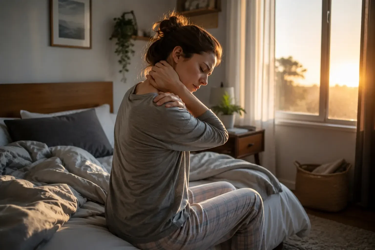 Woman experiencing neck and shoulder tension caused by chronic stress and mental overload