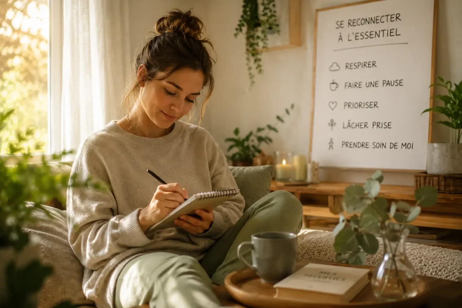 Woman practicing journaling and mindfulness to reduce mental overload and restore emotional balance