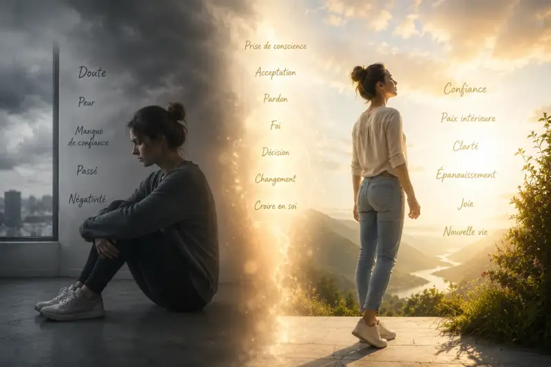 Scène divisée montrant la transformation personnelle d’une même personne : d’un état de doute et d’incertitude dans un environnement sombre vers une version confiante et lumineuse dans un décor inspirant, symbolisant le changement intérieur et la pensée p