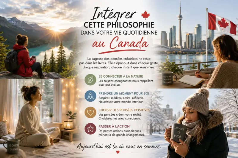 Collage inspirant illustrant une vie quotidienne positive au Canada avec des scènes de méditation, nature, écriture, hiver et moments de pleine conscience, symbolisant la transformation intérieure, les pensées positives et l’équilibre émotionnel au fil de