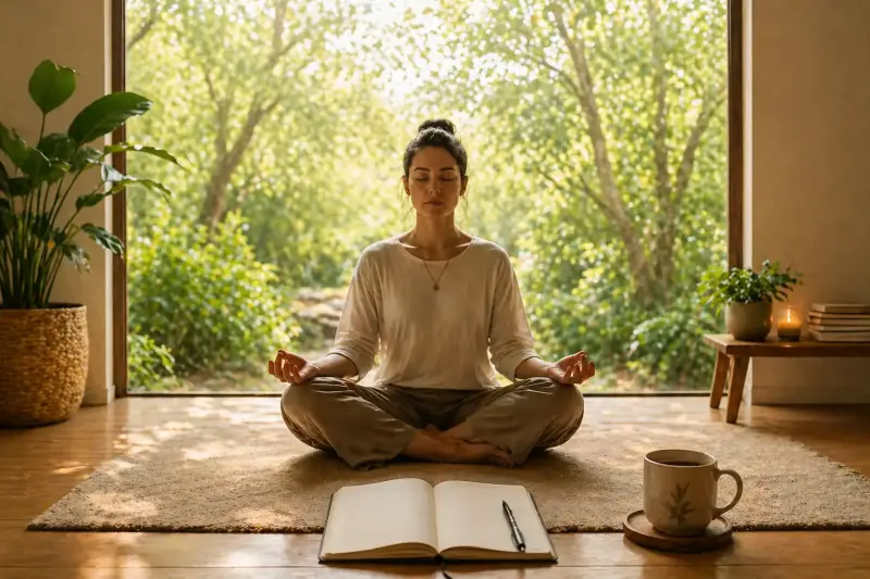 Person meditating indoors with journal and natural light, representing practical steps for self-awareness and inner calm