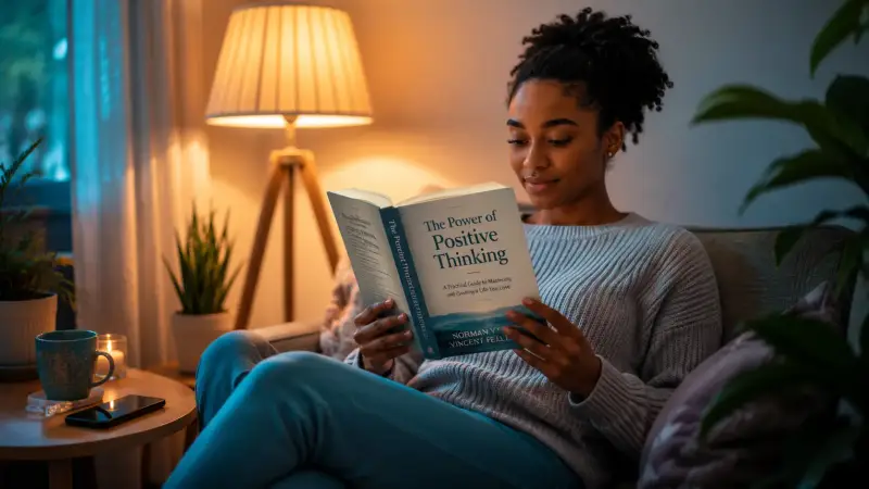 Person reading an inspiring book in a calm evening space with their smartphone set aside