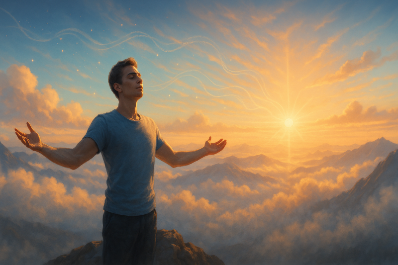 Man in nature facing morning sun, representing focus, mental clarity, and personal transformation.