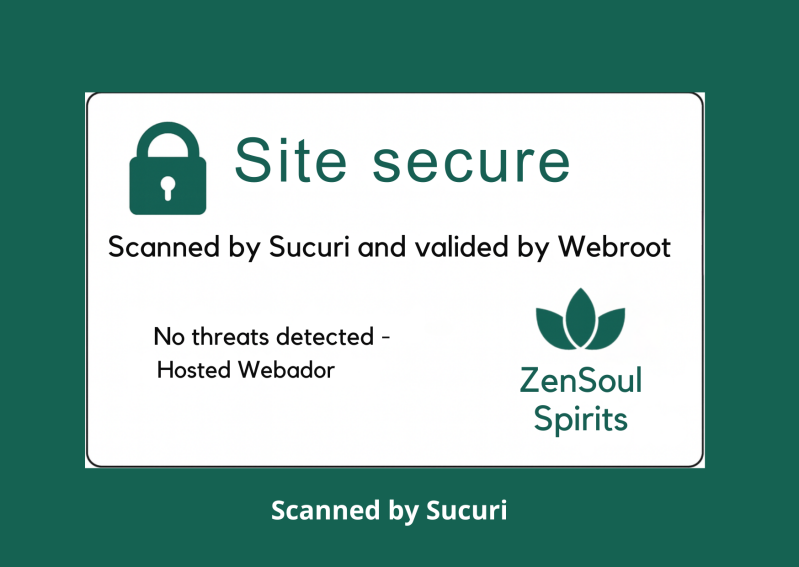 Security badge showing “Site secure – scanned by Sucuri and validated by Webroot,” confirming that ZenSoulSpirits website is protected and threat-free