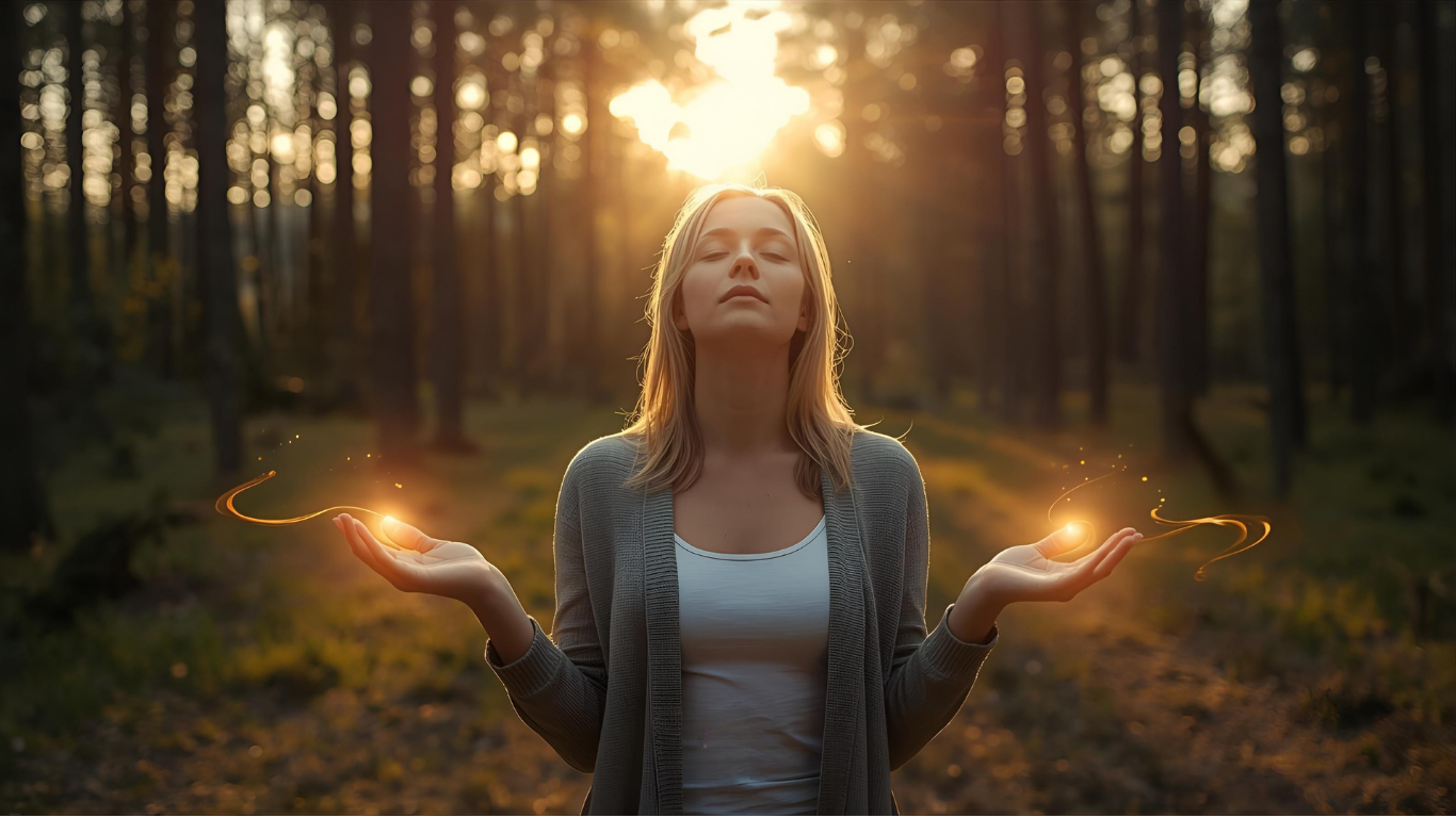 Person standing in a forest clearing at sunrise, eyes closed, sensing invisible energy through soft golden light, symbolizing awareness and connection.