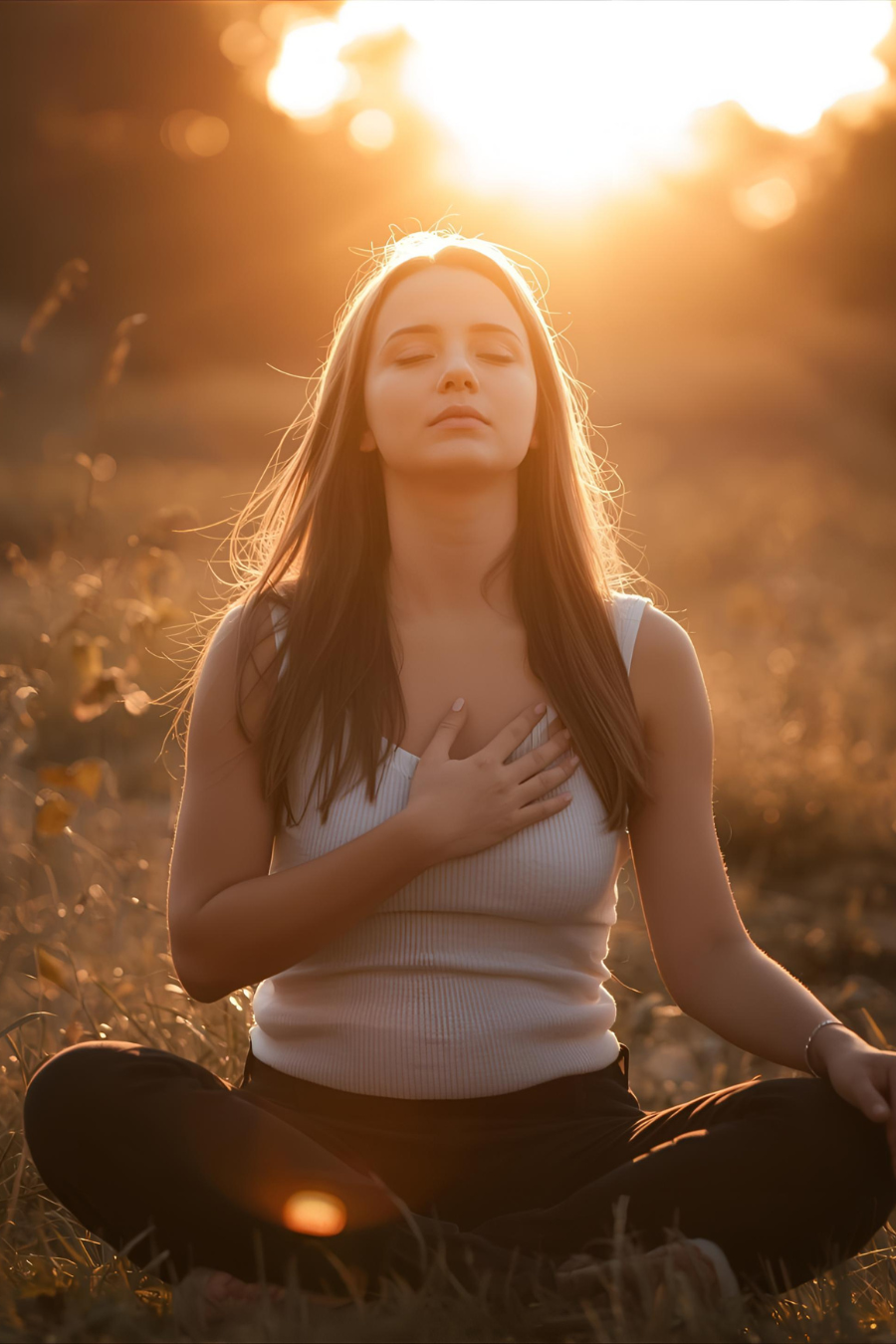 Connexion du cœur – femme méditant avec la main sur le cœur, lumière dorée et atmosphère paisible, ZenSoulSpirits.