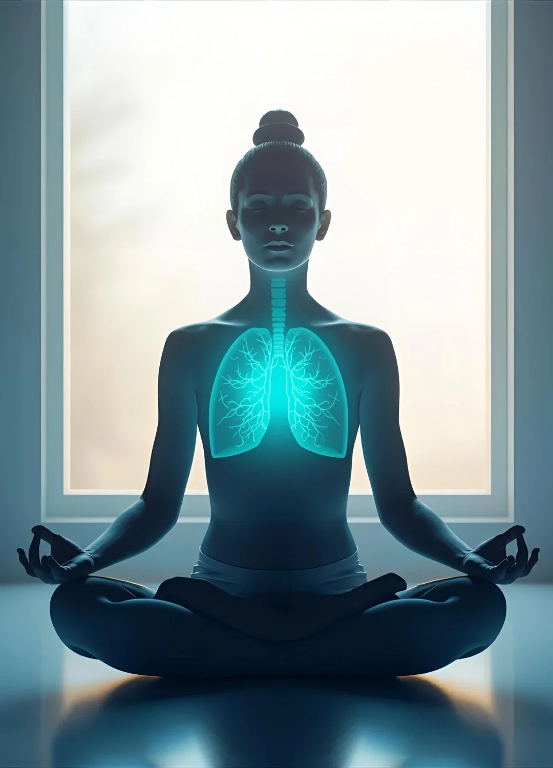 Mindful breathing meditation with luminous lungs and calm silhouette in blue light representing relaxation, stress relief and conscious breathing by ZenSoulSpirits