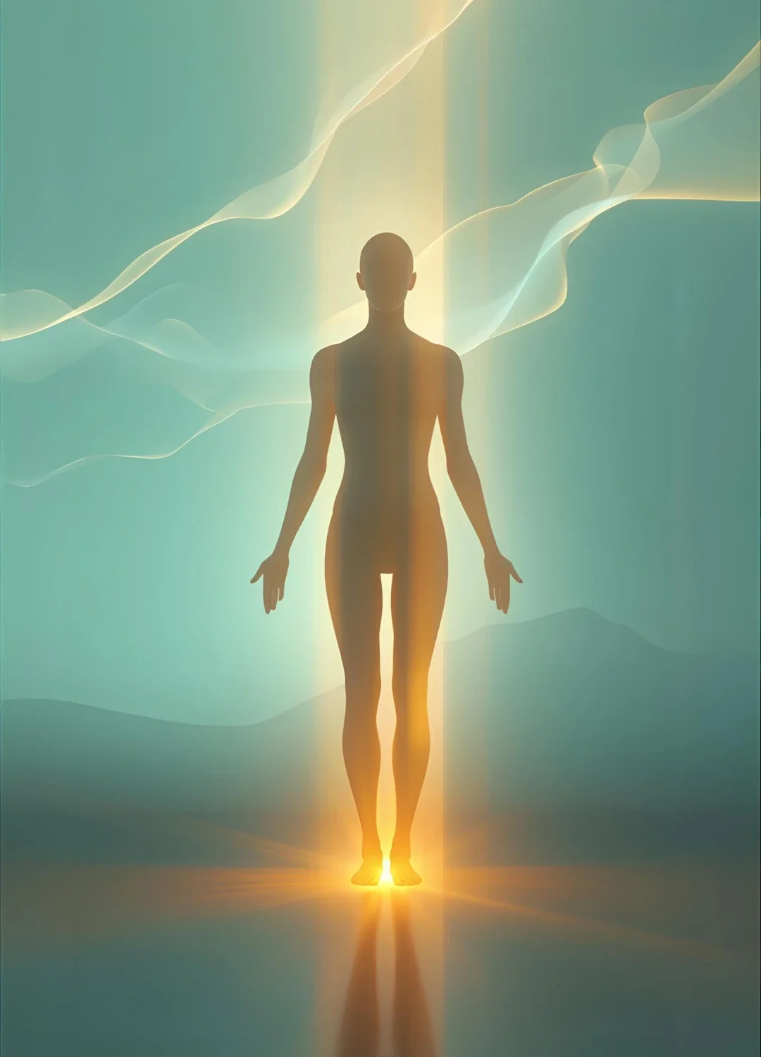 Body awareness meditation with glowing human silhouette and soft golden light symbolizing presence, grounding and physical awareness by ZenSoulSpirits