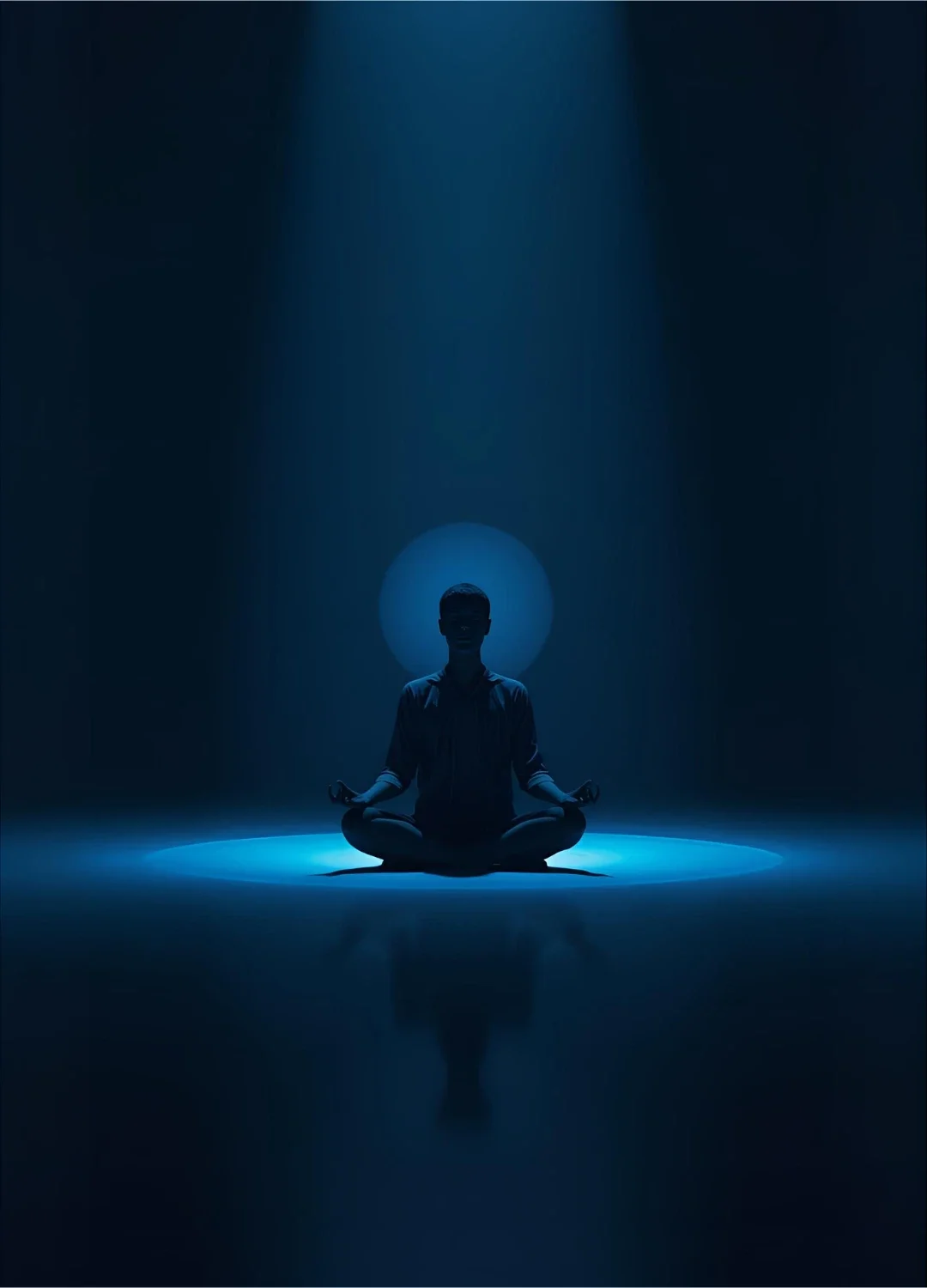 Inner silence meditation with dark blue zen space and calm seated silhouette representing deep stillness, mental calm and inner peace by ZenSoulSpirits