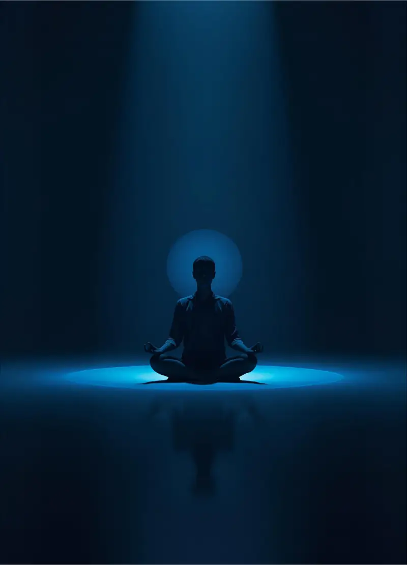 Inner silence meditation with dark blue zen space and calm seated silhouette representing deep stillness, mental calm and inner peace by ZenSoulSpirits