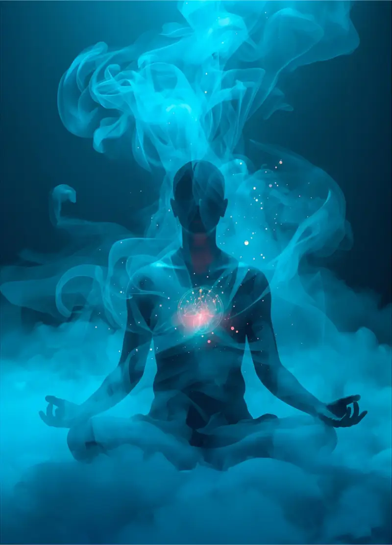 Emotional self-healing meditation with soft blue energy dissolving tension around the heart and chest, symbolizing inner repair and calm by ZenSoulSpirits