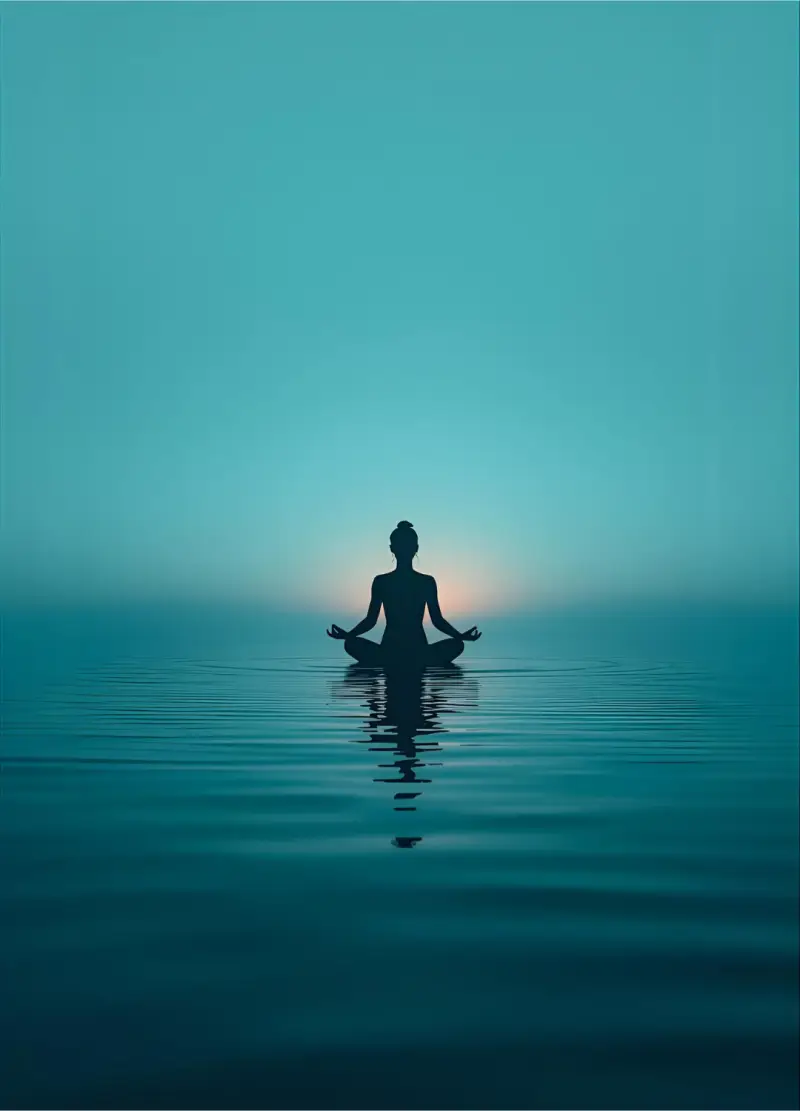 Deep zen meditation with peaceful silhouette floating above still water representing inner journey, immersion and profound calm by ZenSoulSpirits