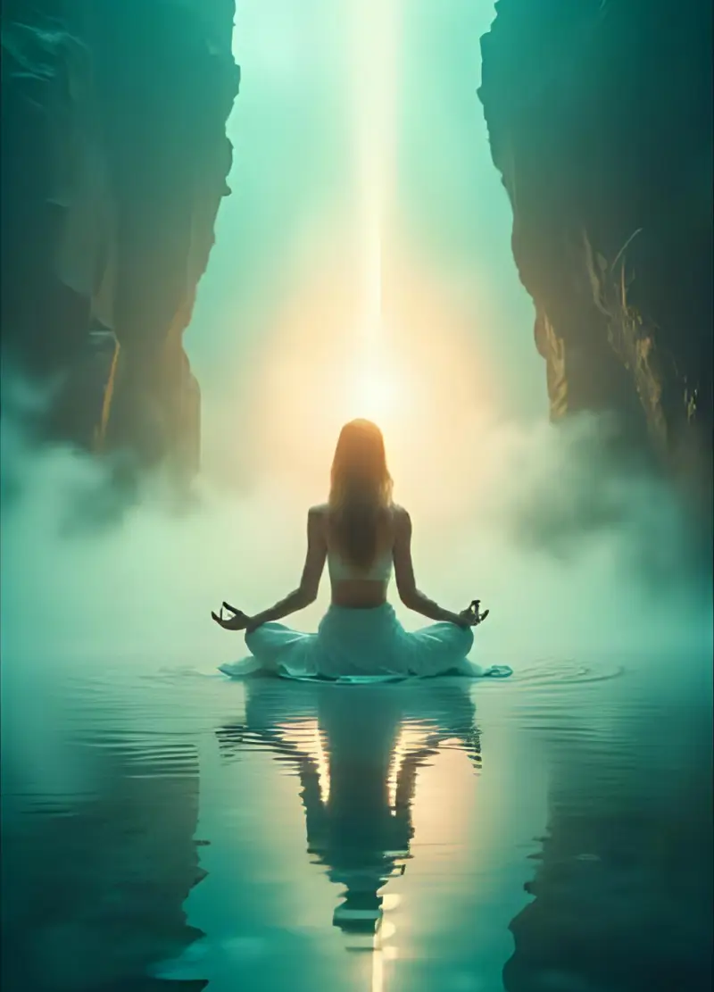 Silhouette in meditation surrounded by soft blue healing energy and mist, symbolizing emotional release and inner restoration.