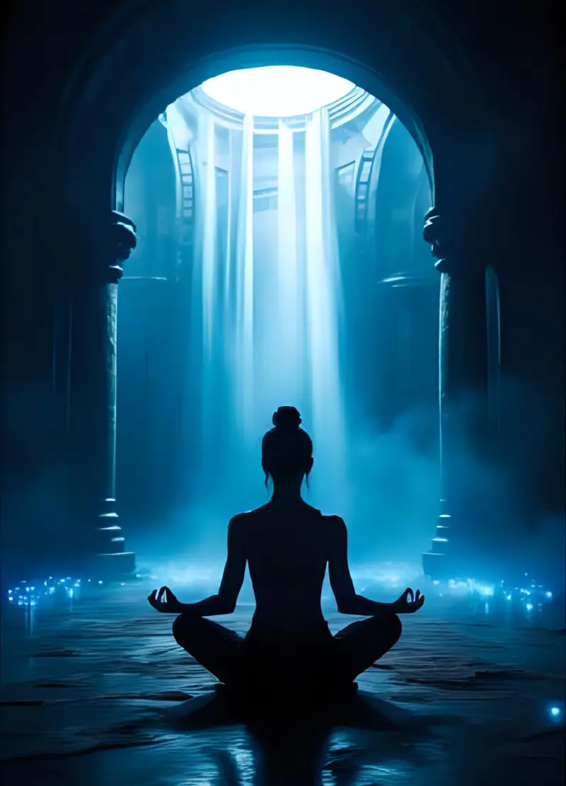 Serene figure meditating inside an ancient temple with divine light beams, representing spiritual awakening and deep inner peace.